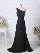 Fashionable Black Side Zipper Prom Evening Gown Beading and Lace Sleeveless Brush Train