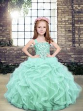 Elegant Floor Length Lace Up Little Girls Pageant Gowns Apple Green and In with Beading and Ruffles