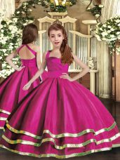 Adorable Fuchsia Sleeveless Floor Length Ruffled Layers and Ruching Lace Up Custom Made Pageant Dress