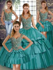 Best Selling Teal Straps Neckline Beading and Ruffled Layers Sweet 16 Quinceanera Dress Sleeveless Lace Up