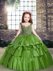 Superior Taffeta Straps Sleeveless Lace Up Beading Child Pageant Dress in Green