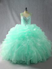 Edgy Apple Green Zipper Quinceanera Gown Beading and Ruffles and Pick Ups Sleeveless Floor Length