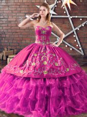 Charming Floor Length Lace Up Quinceanera Gowns Fuchsia for Sweet 16 and Quinceanera with Embroidery