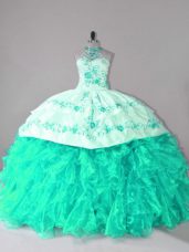 Turquoise Sleeveless Court Train Embroidery and Ruffles 15 Quinceanera Dress