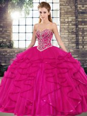 Glittering Floor Length Fuchsia Quinceanera Dress Sweetheart Sleeveless Lace Up