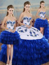 Attractive Floor Length Lace Up Quinceanera Dress Royal Blue for Military Ball and Sweet 16 and Quinceanera with Embroidery and Ruffled Layers and Bowknot