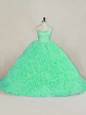 Green Lace Up Quinceanera Gowns Beading and Ruffles Sleeveless Court Train