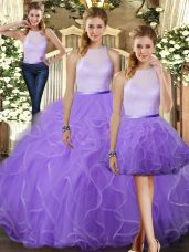 Stylish Lavender Three Pieces Ruffles Sweet 16 Quinceanera Dress Backless Tulle Sleeveless Floor Length