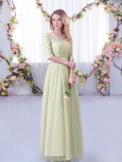 Fashion Floor Length Yellow Green Dama Dress for Quinceanera V-neck Half Sleeves Side Zipper