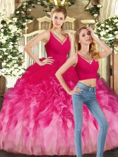 Fine Multi-color Tulle Backless V-neck Sleeveless Floor Length Sweet 16 Dresses Ruffles