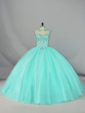 Flare Apple Green Quinceanera Gown Tulle Brush Train Sleeveless Beading