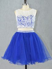Ideal Royal Blue Sleeveless Mini Length Lace and Appliques Zipper Prom Party Dress