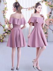 Pink Short Sleeves Chiffon Zipper Bridesmaids Dress for Wedding Party