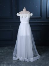 White Off The Shoulder Neckline Hand Made Flower Wedding Dress Sleeveless Zipper