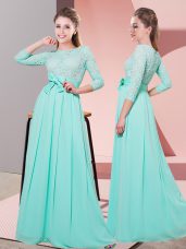 Wonderful Apple Green Chiffon Side Zipper Quinceanera Court Dresses 3 4 Length Sleeve Floor Length Lace and Belt