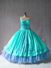 Floor Length Aqua Blue Quinceanera Gowns Sweetheart Sleeveless Lace Up