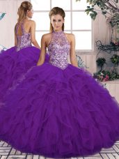 Purple Sleeveless Floor Length Beading and Ruffles Lace Up Quinceanera Dress
