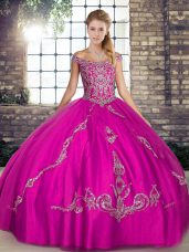 Dynamic Tulle Off The Shoulder Sleeveless Lace Up Beading and Embroidery Ball Gown Prom Dress in Fuchsia