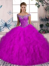 Fuchsia Tulle Lace Up Off The Shoulder Sleeveless Quinceanera Gown Brush Train Beading and Ruffles