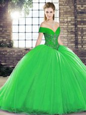 Custom Made Green 15th Birthday Dress Organza Brush Train Sleeveless Beading
