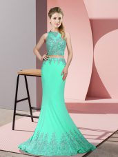 Fitting High-neck Sleeveless Sweep Train Zipper Prom Dresses Apple Green Satin