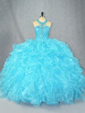 Dazzling Baby Blue Zipper Scoop Beading and Ruffles Sweet 16 Dresses Organza Sleeveless