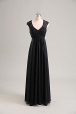Super Black Cap Sleeves Lace Floor Length Prom Dresses