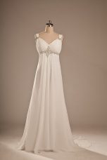 Attractive White Chiffon Lace Up Wedding Gown Sleeveless Brush Train Beading