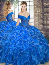 Custom Designed Beading and Ruffles Quinceanera Dresses Royal Blue Lace Up Sleeveless Floor Length
