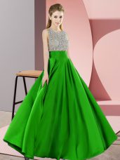 Suitable Floor Length Backless Prom Gown Green for Prom and Party with Beading