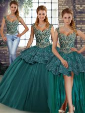 Dynamic Floor Length Three Pieces Sleeveless Green Quince Ball Gowns Lace Up