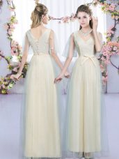 Spectacular Floor Length Champagne Quinceanera Court Dresses V-neck Sleeveless Lace Up
