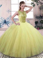 Yellow Green Ball Gowns Scoop Sleeveless Tulle Floor Length Lace Up Beading Quinceanera Dresses