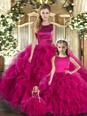 Traditional Floor Length Lace Up Quinceanera Gown Fuchsia for Military Ball and Sweet 16 and Quinceanera with Ruffles