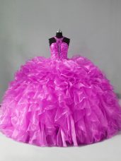 Fantastic Brush Train Ball Gowns Sweet 16 Quinceanera Dress Lilac Halter Top Organza Sleeveless Zipper