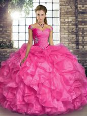 Off The Shoulder Sleeveless Lace Up Ball Gown Prom Dress Hot Pink Organza