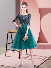 Sexy Scoop Half Sleeves Wedding Party Dress Knee Length Embroidery Teal Tulle