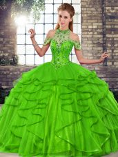 Wonderful Ball Gowns 15th Birthday Dress Green Halter Top Tulle Sleeveless Floor Length Lace Up