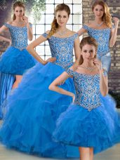 Beautiful Blue Sleeveless Tulle Brush Train Lace Up 15 Quinceanera Dress for Military Ball and Sweet 16 and Quinceanera