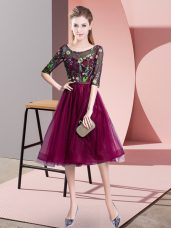Fuchsia Tulle Lace Up Scoop Half Sleeves Knee Length Court Dresses for Sweet 16 Embroidery