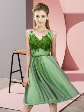 Latest Apple Green V-neck Lace Up Appliques Wedding Guest Dresses Sleeveless