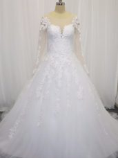 Unique Court Train A-line Wedding Dresses White Scoop Tulle Long Sleeves Zipper