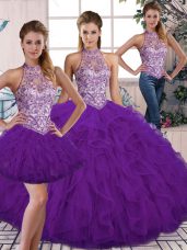 Noble Purple Three Pieces Beading and Ruffles Sweet 16 Quinceanera Dress Lace Up Tulle Sleeveless Floor Length