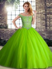 Ideal Lace Up Off The Shoulder Beading Quince Ball Gowns Tulle Sleeveless Brush Train