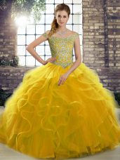 Suitable Ball Gowns Sleeveless Gold Quince Ball Gowns Brush Train Lace Up