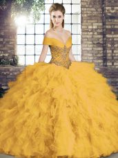 Glorious Floor Length Gold Ball Gown Prom Dress Off The Shoulder Sleeveless Lace Up