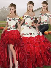 White And Red Quinceanera Gowns Military Ball and Sweet 16 and Quinceanera with Embroidery and Ruffles Off The Shoulder Sleeveless Lace Up