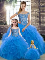 Eye-catching Lace Up Ball Gown Prom Dress Blue for Military Ball and Sweet 16 and Quinceanera with Beading and Ruffles Brush Train