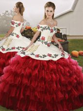 Customized Wine Red Off The Shoulder Neckline Embroidery and Ruffled Layers Quince Ball Gowns Sleeveless Lace Up