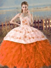 Gorgeous Halter Top Sleeveless Organza Quinceanera Gowns Embroidery Court Train Lace Up